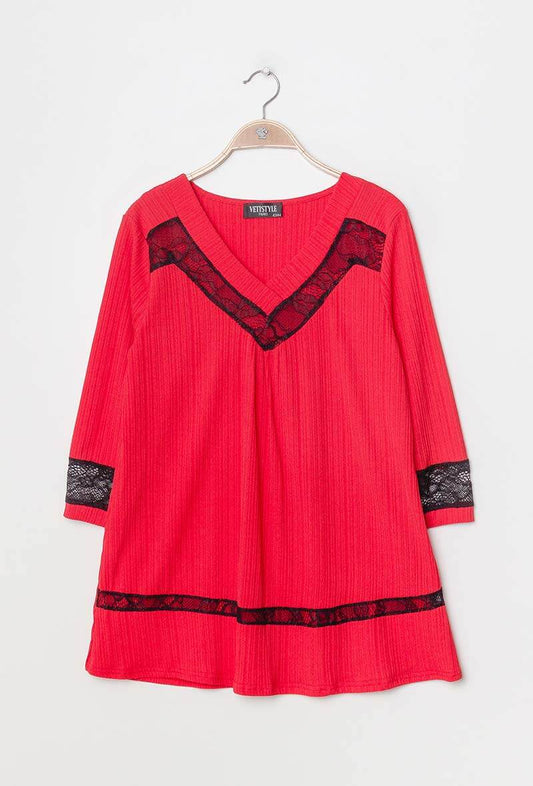 Blus med spetstopp - Plus Size - Red / 42 44 - Blouses