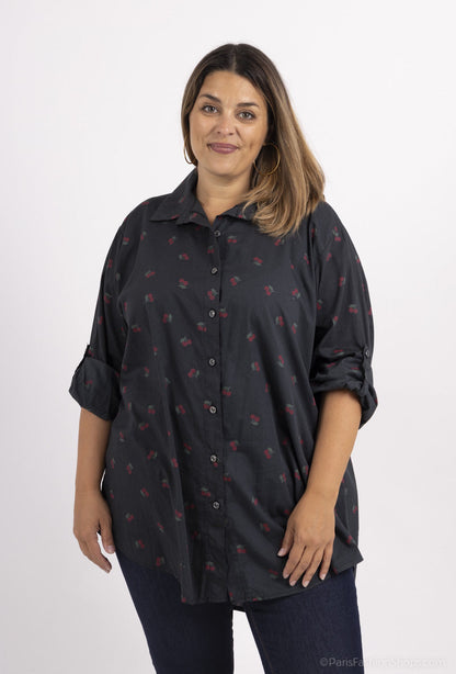 Körsbärstryckt Bomullsskjorta - Plus Size - Black / One size - Shirts