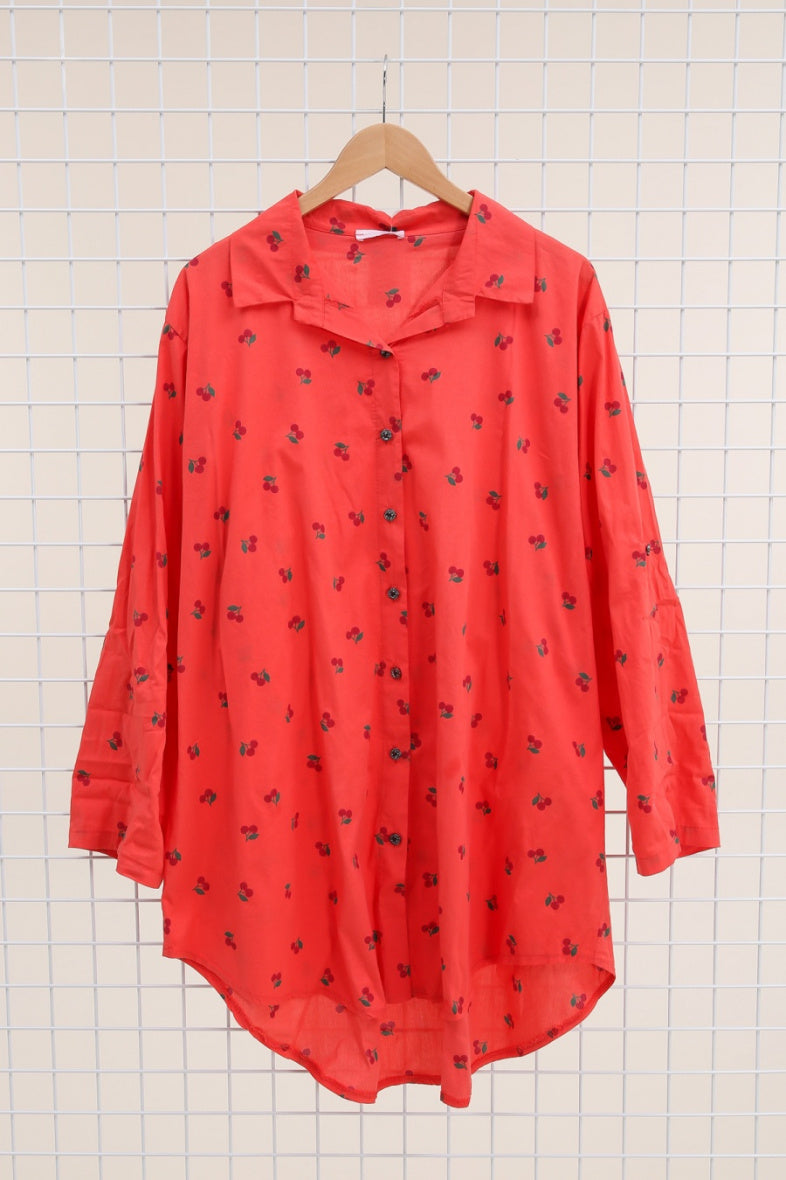 Körsbärstryckt Bomullsskjorta - Plus Size - Coral / One size - Shirts