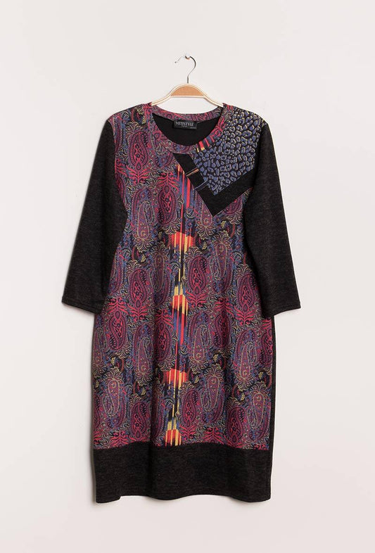 Bi-material dress with print - Plus Size