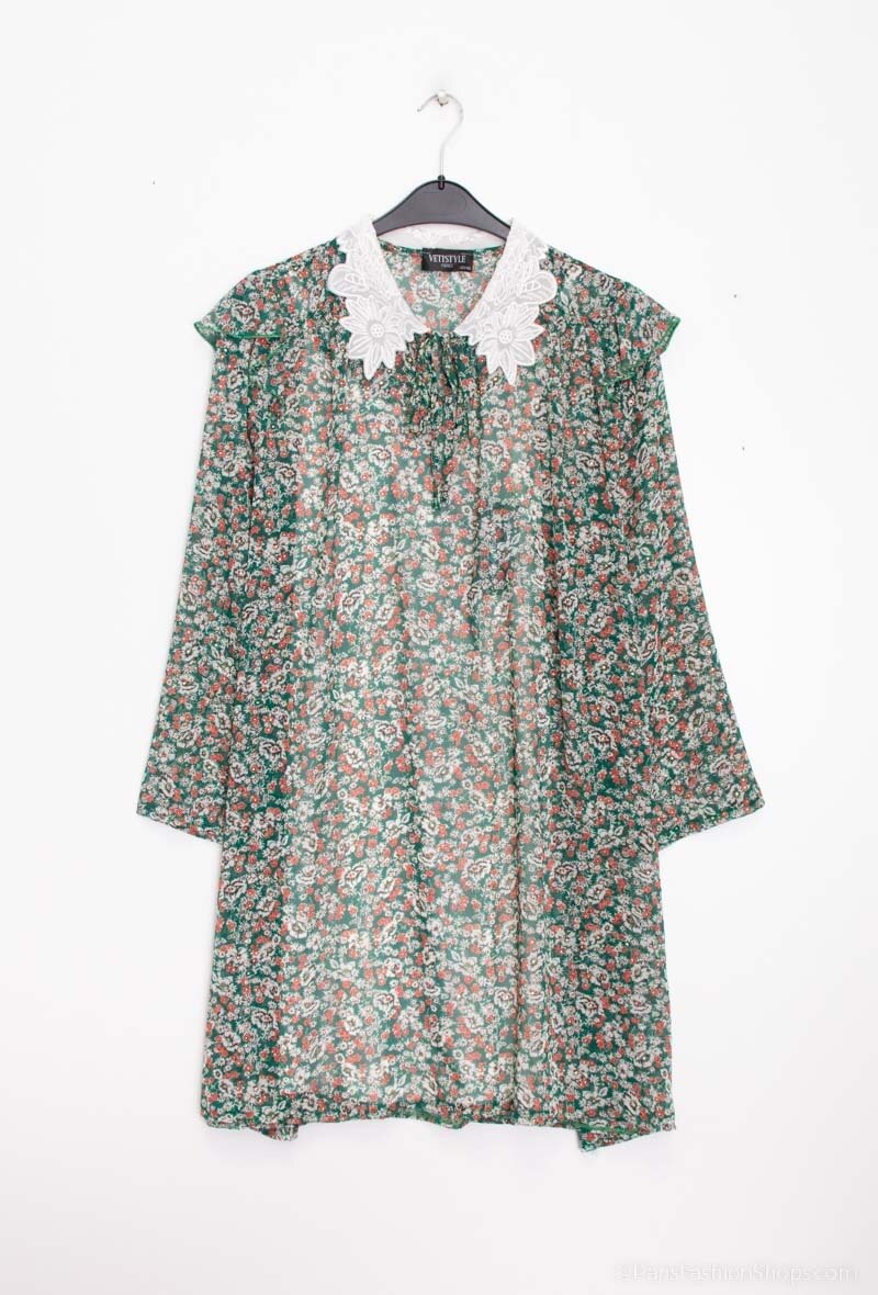 Two-piece voile print dress with lace collar - Stora Storlekar