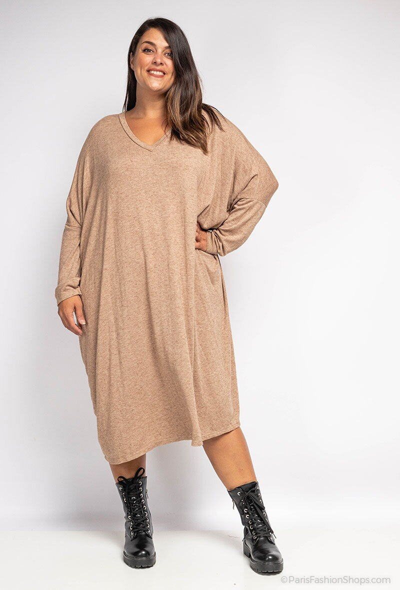 Soft V-neck oversized sweater dress - Plus Size