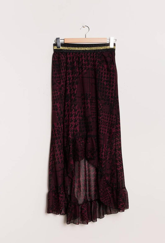 Tryckt kjol med asymmetrisk fåll - Plus Size - Burgundy / 42 44 - Skirts